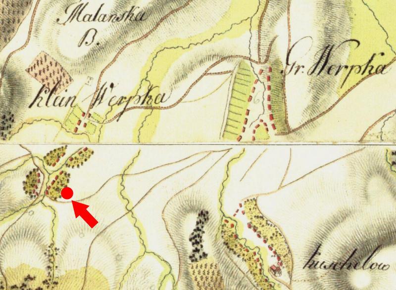 Mapa kolem roku 1765 s vyznačením místa nálezu., 800x587, 82.93 KB