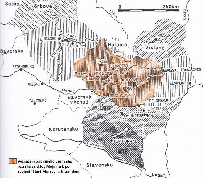 Upravená mapa střední Evropy v 9. století s vyznačením rozsahu vlivu Mojmírovců. Zdroj: Měřínský: Morava na úsvitě dějin, str. 515., 686x600, 99.56 KB