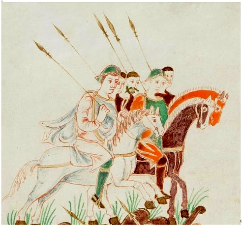 Vyobrazení franské vojenské jízdy. Ilustrace z Trevírského rukopisu z 8 .- 9. stol., 492x460, 169.55 KB